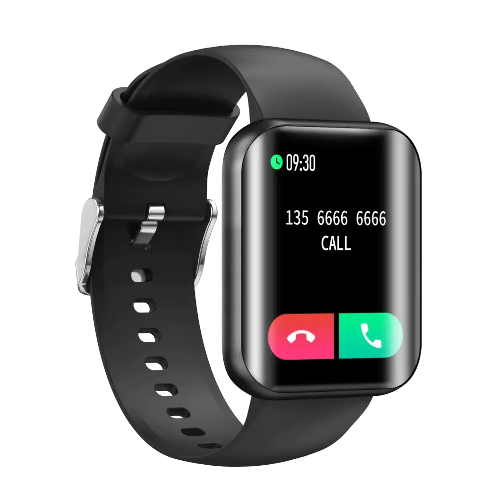 Black smartwatch with a rectangular screen displaying an incoming call and silver-toned buckle.