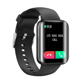 Black smartwatch with a rectangular screen displaying an incoming call and silver-toned buckle.