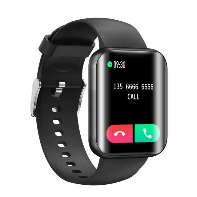 Black smartwatch with a rectangular screen displaying an incoming call and silver-toned buckle.