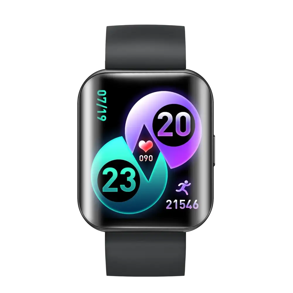 Black smartwatch with a rectangular screen displaying colorful fitness metrics on its display.
