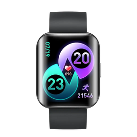 Black smartwatch with a rectangular screen displaying colorful fitness metrics on its display.