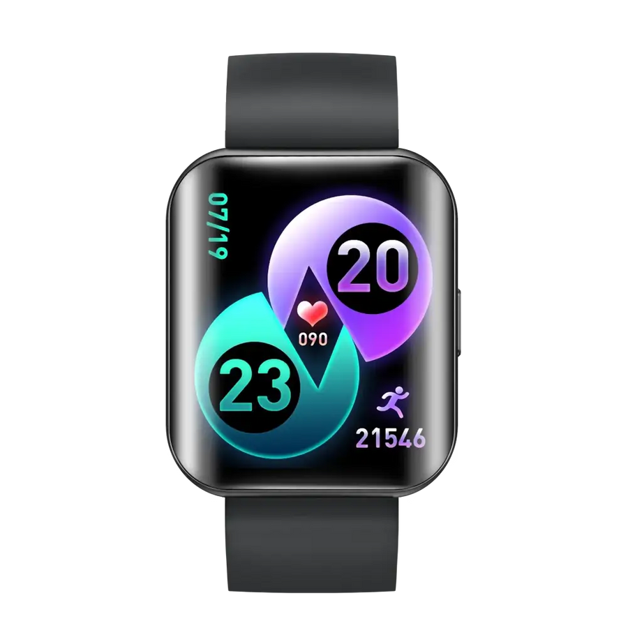 Black smartwatch with a rectangular screen displaying colorful fitness metrics on its display.