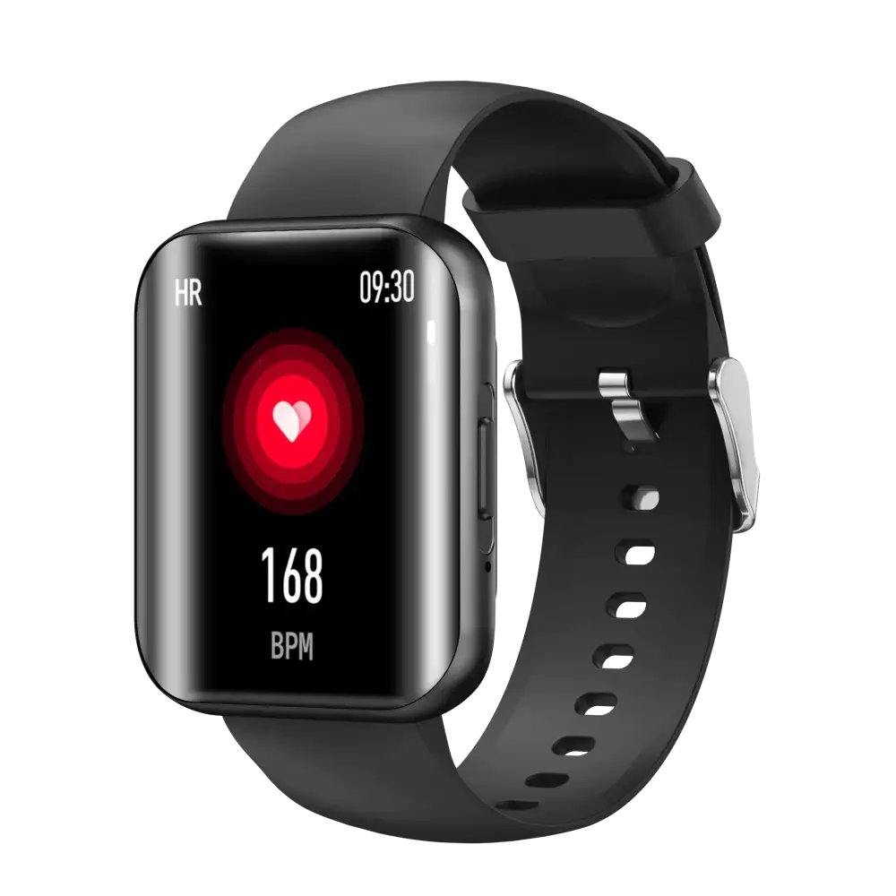 Black smartwatch with a sleek, rectangular screen displaying heart rate data and a minimalist design.