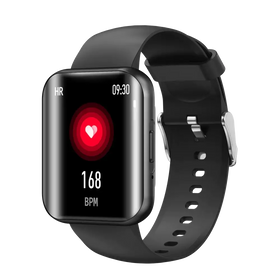 Black smartwatch with a sleek, rectangular screen displaying heart rate data and a minimalist design.
