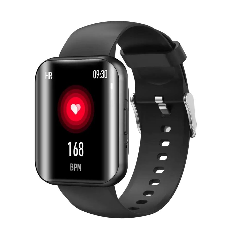Black smartwatch with a sleek, rectangular screen displaying heart rate data and a minimalist design.