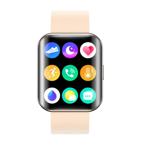 A sleek, rectangular smartwatch with a black screen displaying colorful app icons and a light peach-colored silicone band.