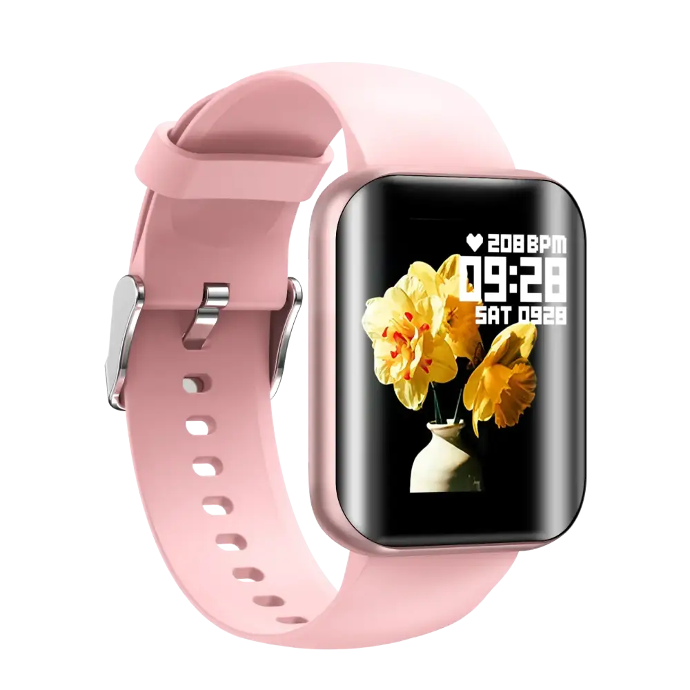 Pink silicone smartwatch with a rectangular screen displaying yellow flowers in a vase.