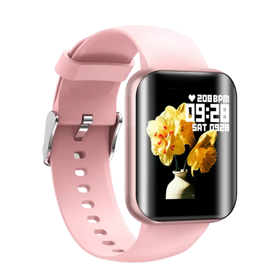 Pink silicone smartwatch with a rectangular screen displaying yellow flowers in a vase.