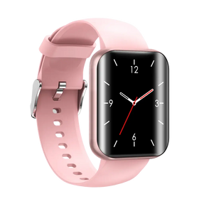 Pink silicone strap smartwatch with a black rectangular face and silver-toned case
