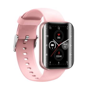 Pink silicone strap smartwatch with a rectangular black screen and silver-toned buckle.