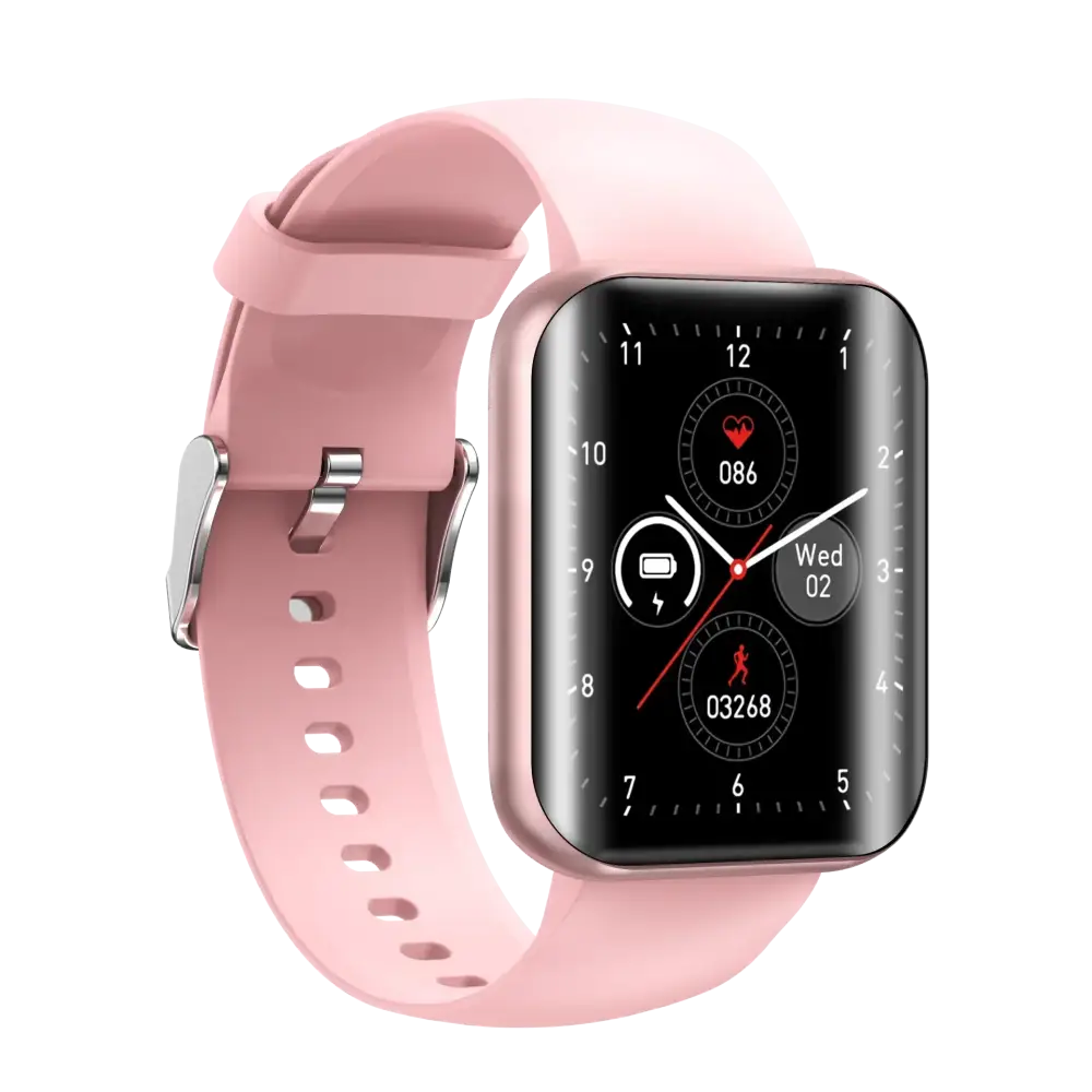 Pink silicone strap smartwatch with a rectangular black screen and silver-toned buckle.
