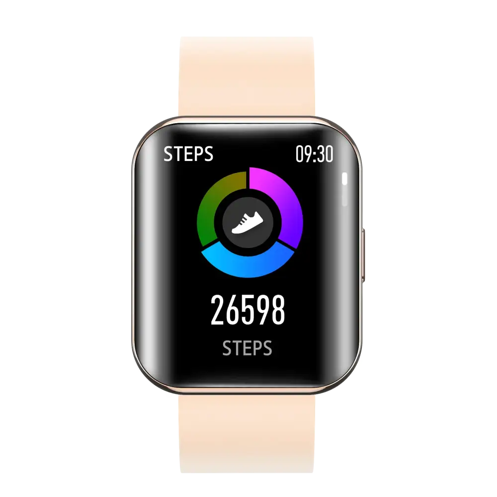 A sleek, rectangular smartwatch with a black screen displaying step count and time, paired with a light beige silicone strap.