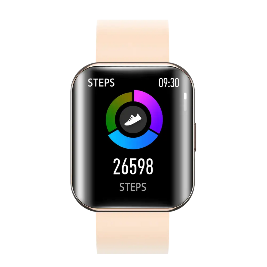 A sleek, rectangular smartwatch with a black screen displaying step count and time, paired with a light beige silicone strap.