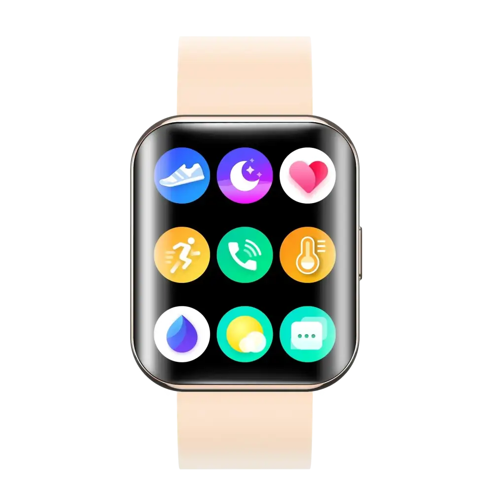 A sleek, rectangular smartwatch with a black screen displaying colorful app icons and a light peach-colored silicone band.