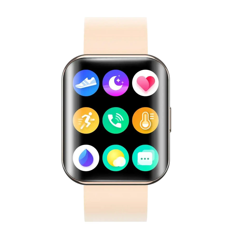 A sleek, rectangular smartwatch with a black screen displaying colorful app icons and a light peach-colored silicone band.