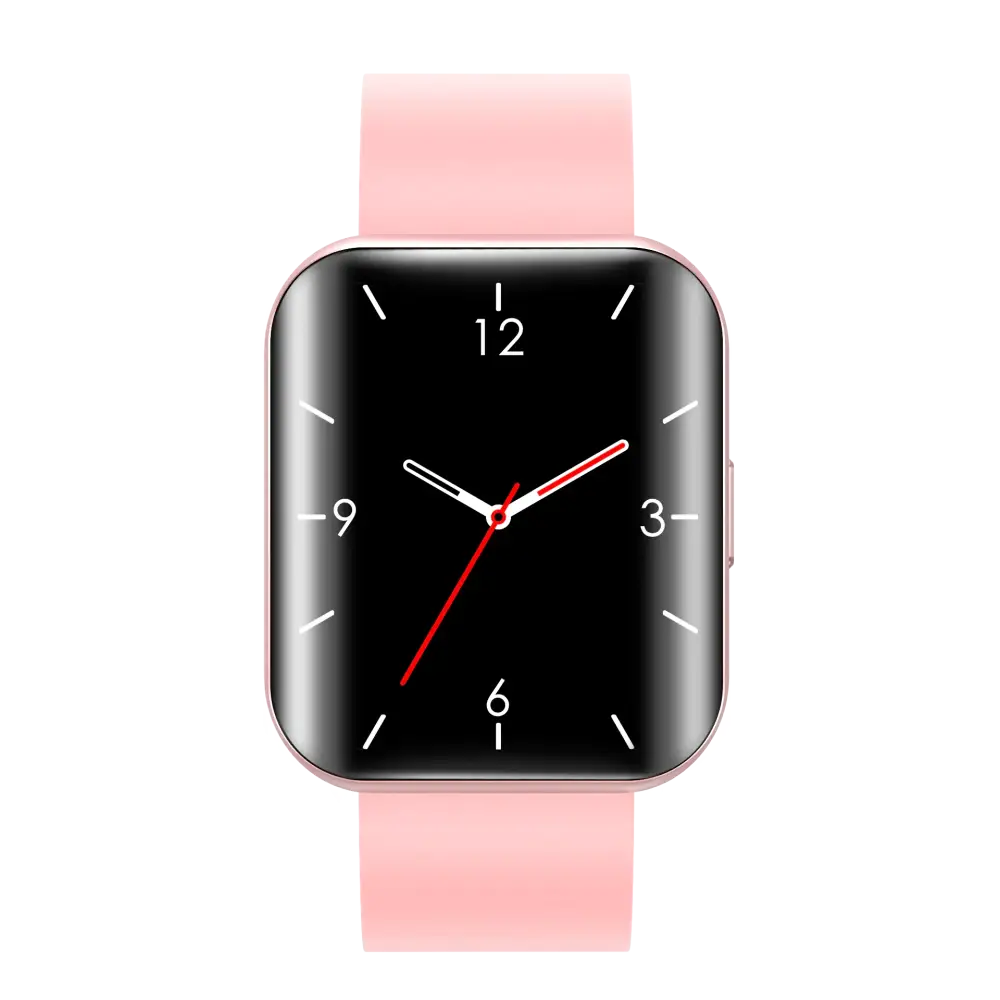 A sleek rose gold smartwatch with a black digital face and matching pink silicone strap.