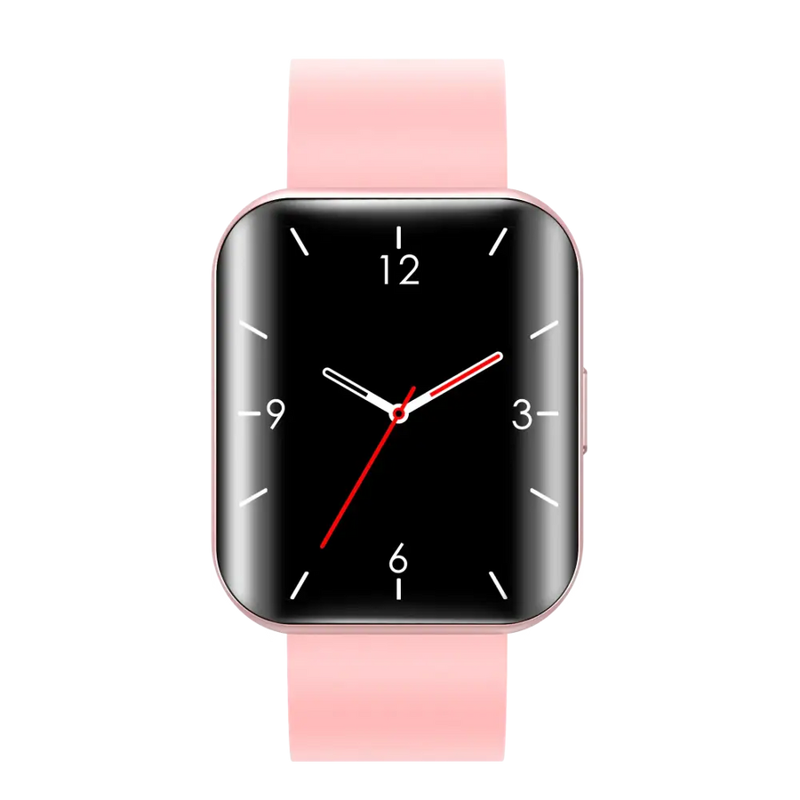 A sleek rose gold smartwatch with a black digital face and matching pink silicone strap.