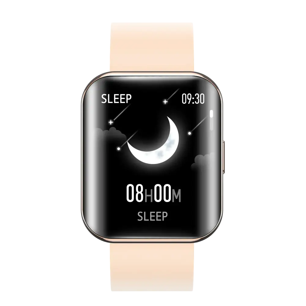 A sleek, rose gold-framed smartwatch with a black screen displaying a crescent moon and starry night sky design on its sleep tracking interface.