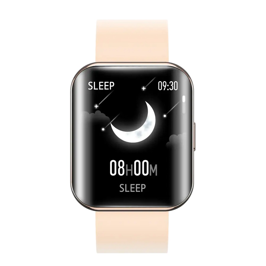 A sleek, rose gold-framed smartwatch with a black screen displaying a crescent moon and starry night sky design on its sleep tracking interface.