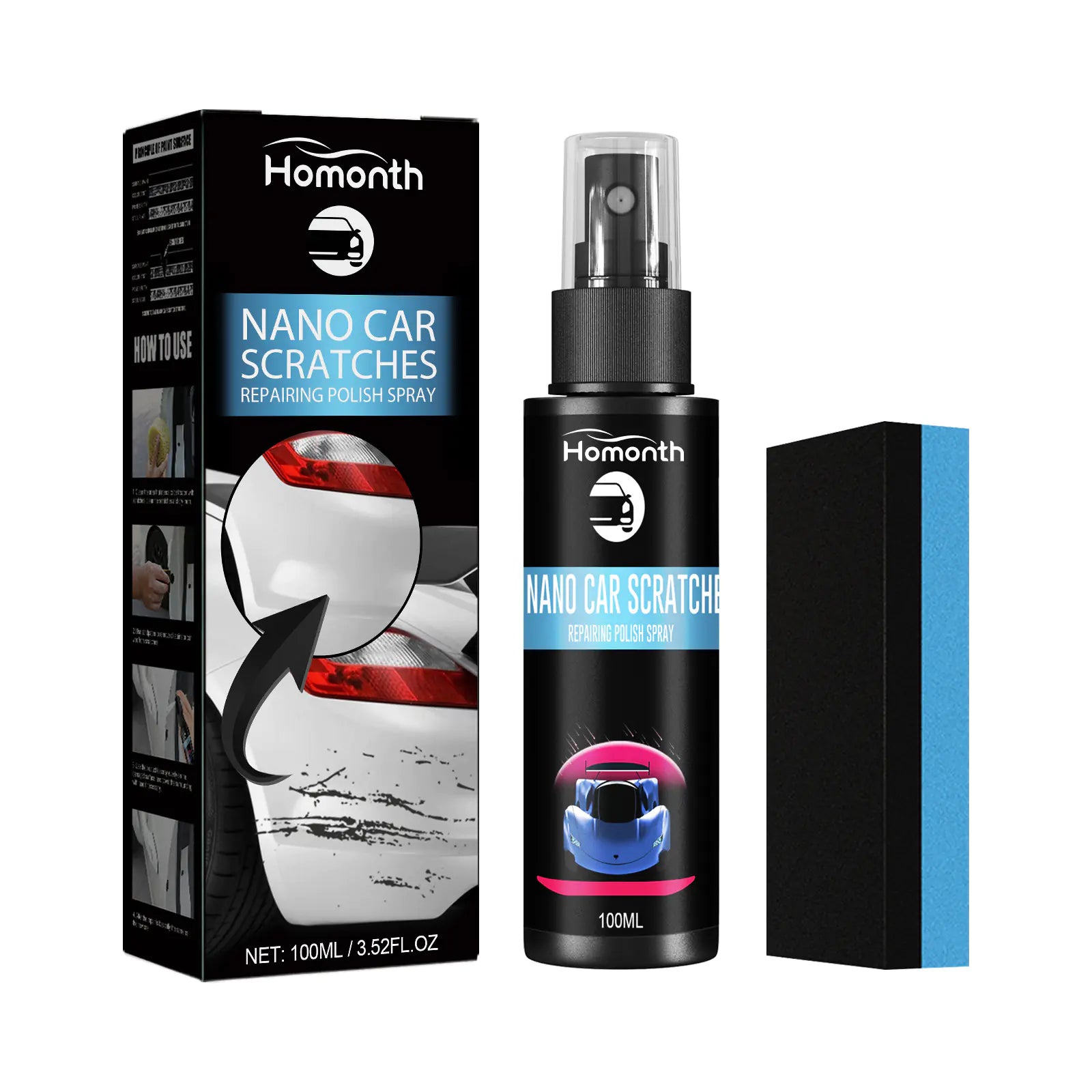 Homonth Scratch Repair Spray bottle with applicator sponge and packaging for car paint scratch reduction and shine restoration