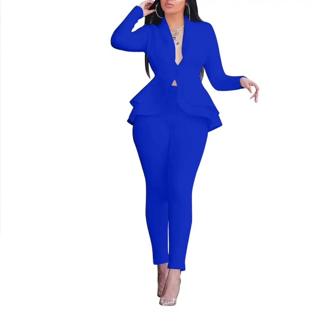 Vibrant royal blue two-piece suit with a peplum blazer and slim-fit pants.