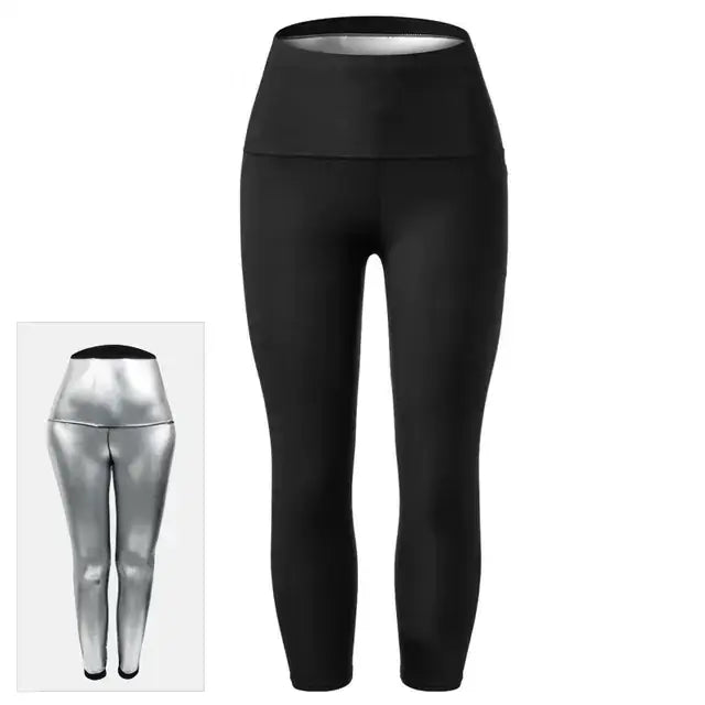Black high-waisted leggings with a shiny silver inner lining.