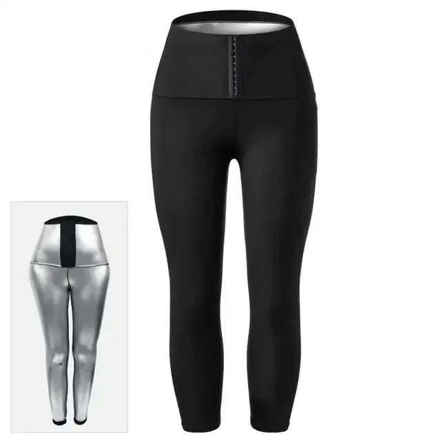 Black high-waisted leggings with a silver reflective inner lining and zipper detail at the front.