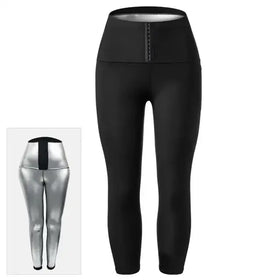 Black high-waisted leggings with a silver reflective inner lining and zipper detail at the front.