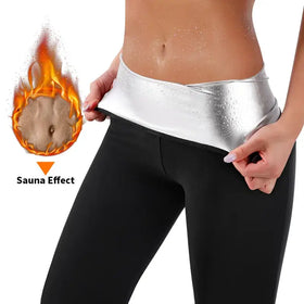 Black leggings with a shiny silver waistband featuring a sauna effect design.