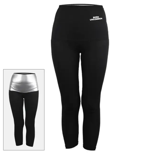 Black high-waisted leggings with a silver metallic waistband and ’born uncommon’ text on the front.