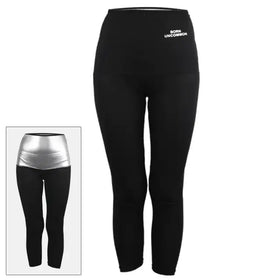 Black high-waisted leggings with a silver metallic waistband and ’born uncommon’ text on the front.