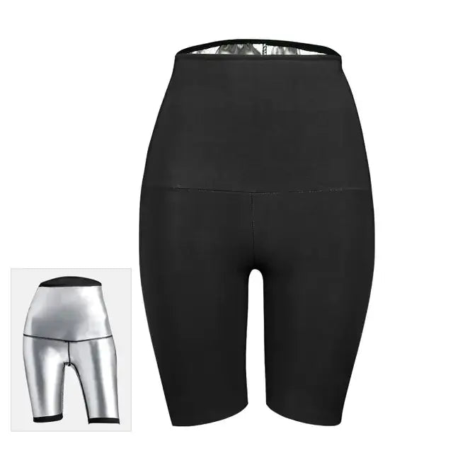 Black high-waisted shorts with a shiny silver inner lining and black trim.