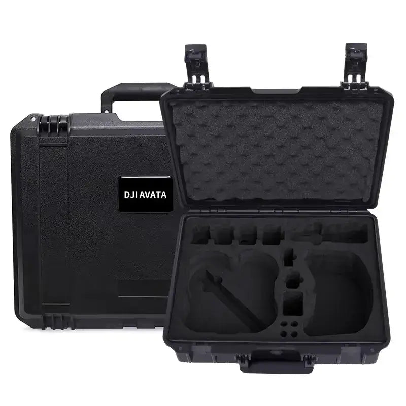 Black dji avata protective case with molded foam interior.