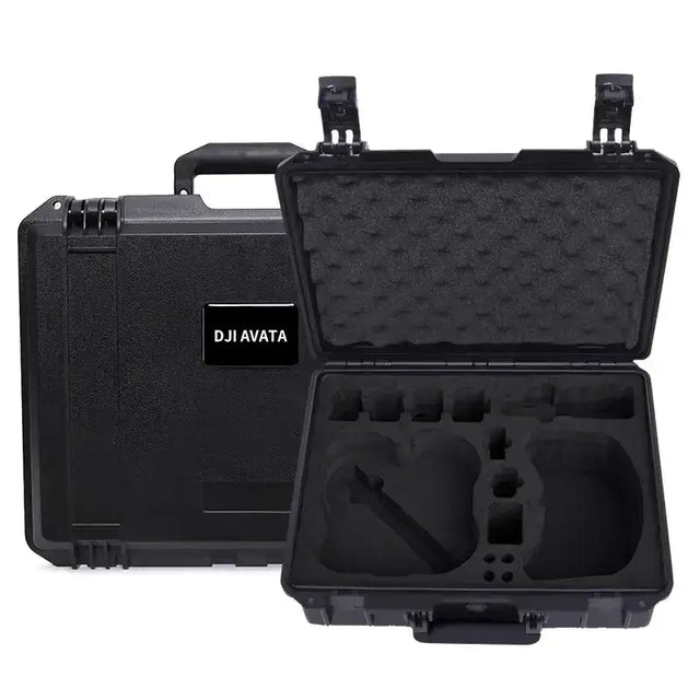 Black dji avata protective case with molded foam interior.
