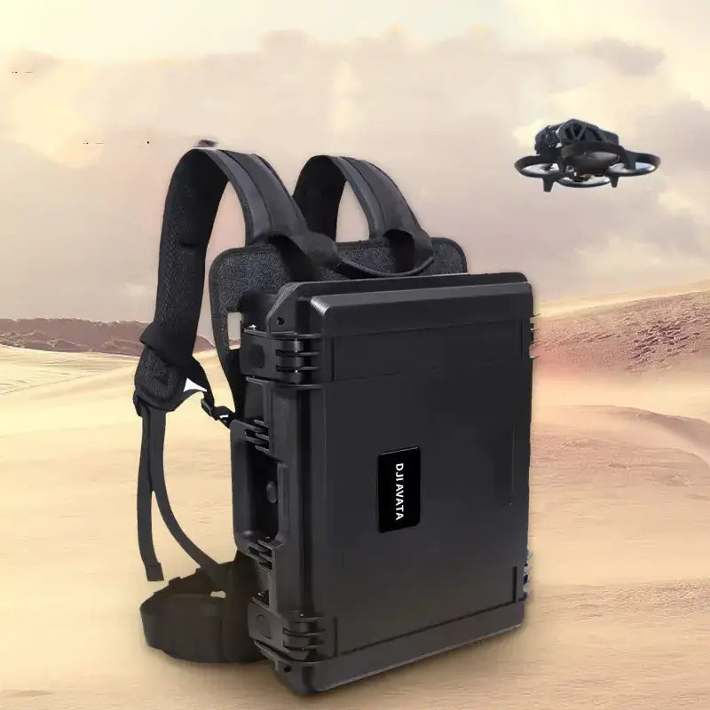 Black rugged backpack with reinforced corners and a dji logo on the side, designed for protecting drone equipment.