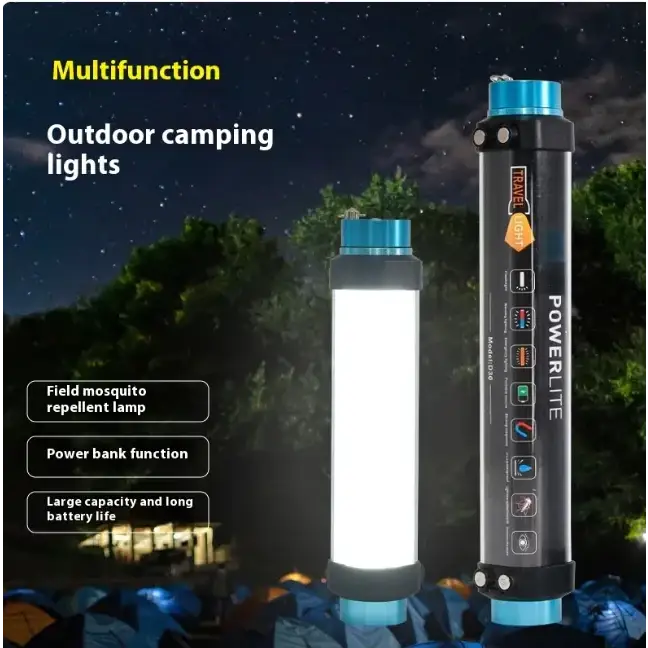 Black and blue cylindrical outdoor camping light with power bank function and field mosquito repellent lamp features.