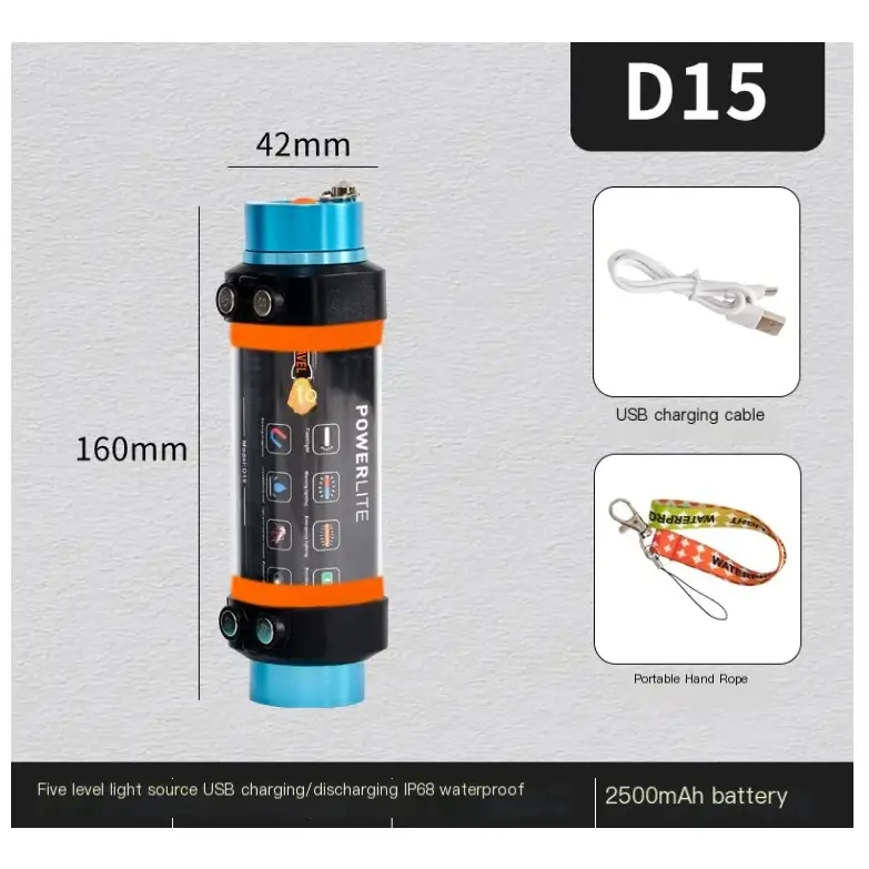 Blue and black cylindrical underwater light with orange accents, branded powerlite d15.