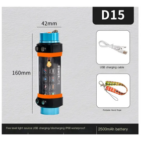 Blue and black cylindrical underwater light with orange accents, branded powerlite d15.