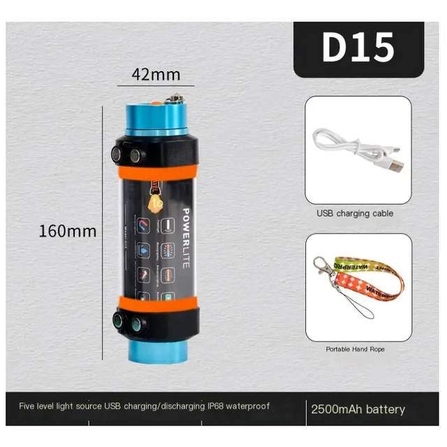 Blue and black cylindrical underwater light with orange accents, branded powerlite d15.
