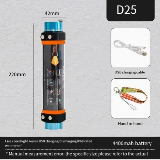 Blue and black cylindrical flashlight with orange accents, labeled ’d25’’ on its side.