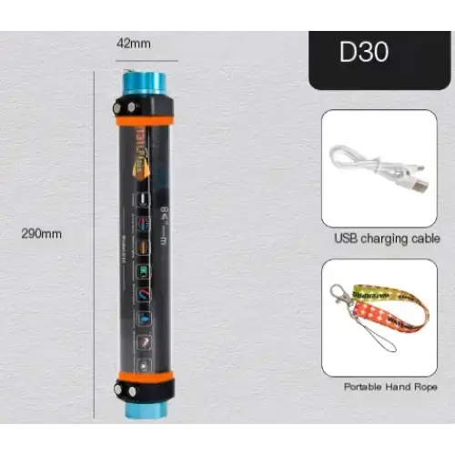 Black cylindrical flashlight with blue and orange accents, featuring multiple function buttons along its side.