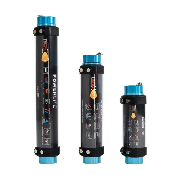 Three cylindrical powerlite led flashlights with black bodies, blue caps and bases, and orange branding labels.