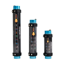 Three cylindrical powerlite led flashlights with black bodies, blue caps and bases, and orange branding labels.