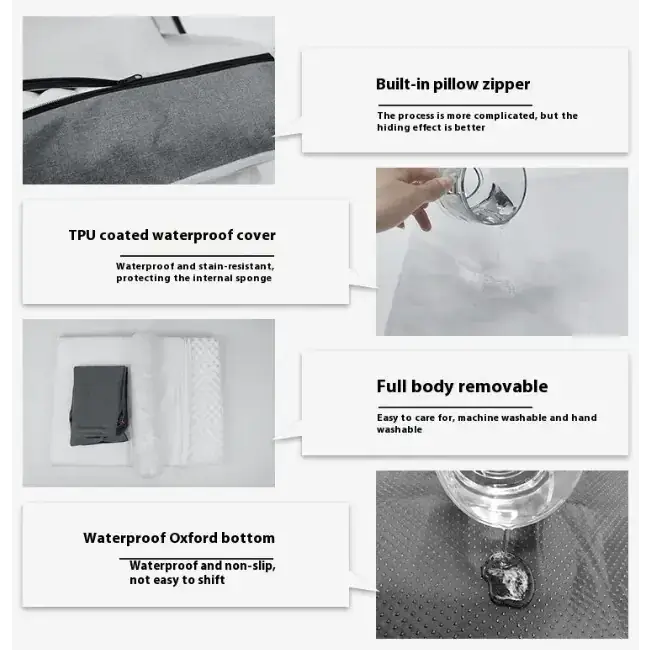 Gray tpu-coated waterproof cover with a built-in pillow zipper and removable sponge.