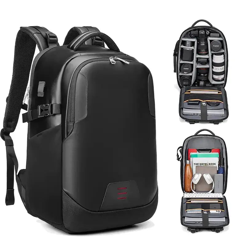 Black camera backpack with sleek, durable exterior and organized interior compartments designed for professional gear.