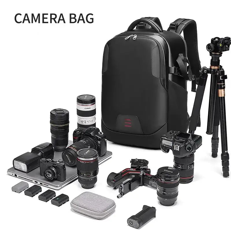 Black camera backpack with sleek, modern design and subtle red accent detailing.