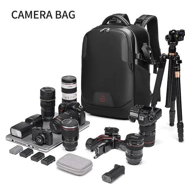 Black camera backpack with sleek, modern design and subtle red accent detailing.