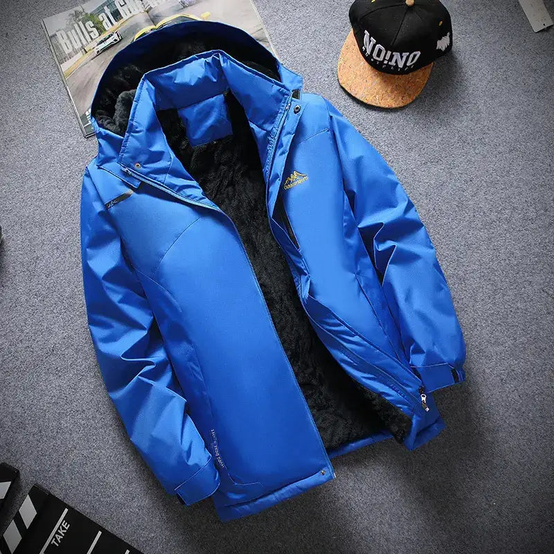 Bright blue, insulated winter jacket with a hood and black fleece lining.