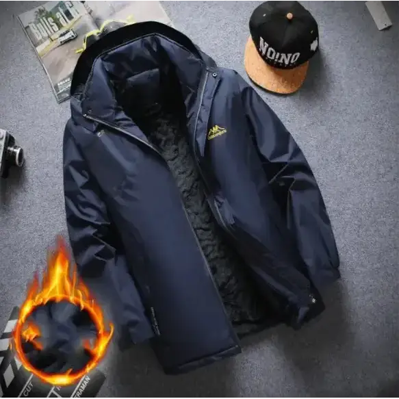 Dark navy blue hooded winter jacket with a plush, dark gray fleece lining and a small yellow mountain logo on the chest.