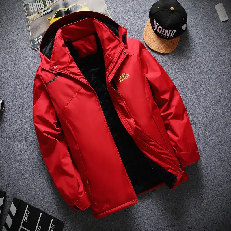 Red waterproof outdoor jacket with black fleece lining and a small embroidered logo on the left chest.